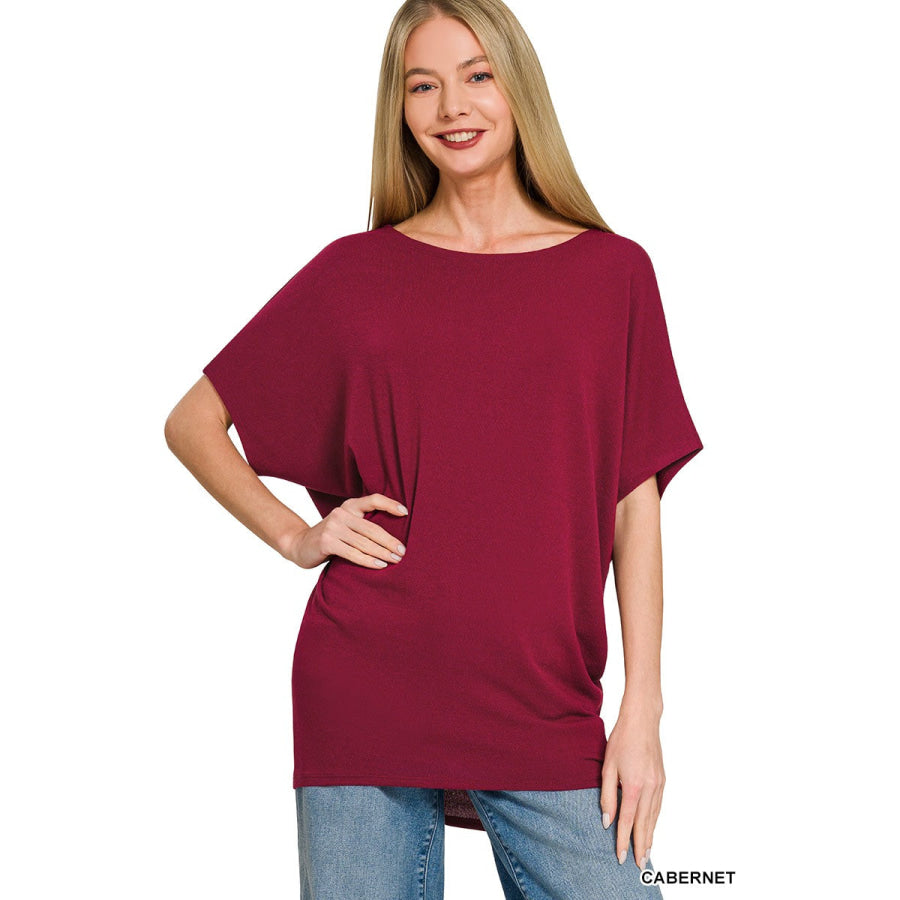 Zenana Hacci Dolman Sleeve Boat Neck Top CABERNET / S Apparel and Accessories