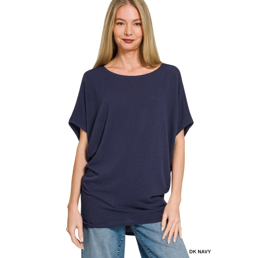 Zenana Hacci Dolman Sleeve Boat Neck Top DK NAVY / S Apparel and Accessories
