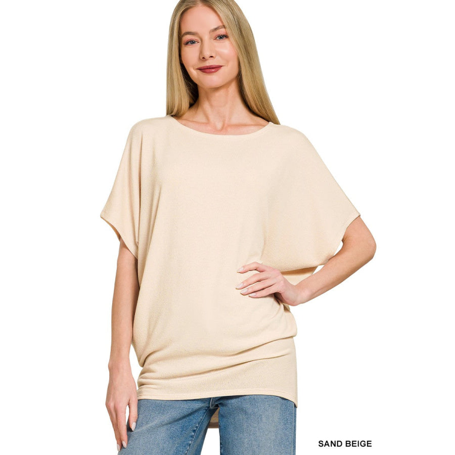 Zenana Hacci Dolman Sleeve Boat Neck Top SAND BEIGE / S Apparel and Accessories