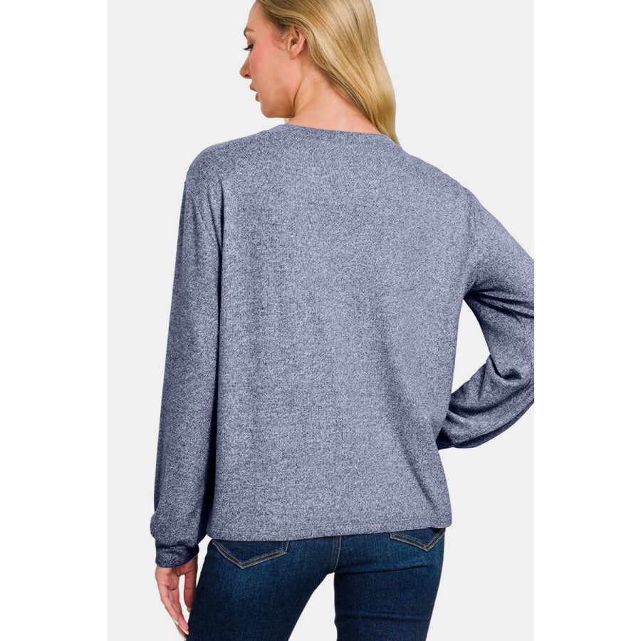 Zenana Hacci Round Neck Long Sleeve T-Shirt Apparel and Accessories