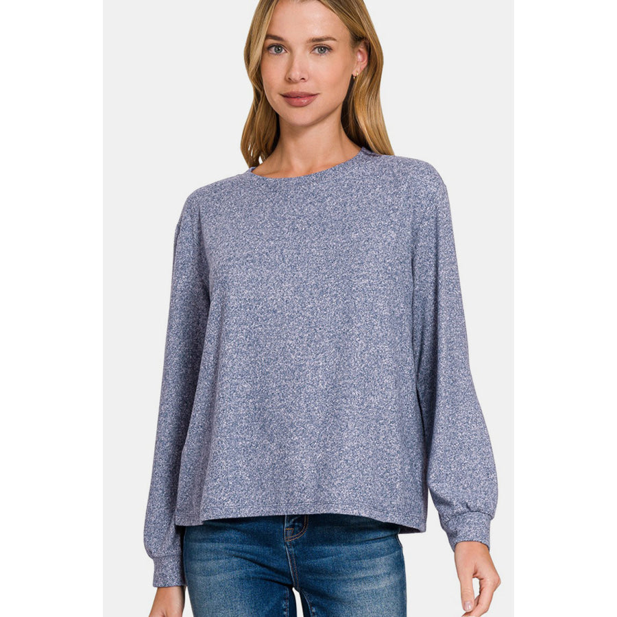 Zenana Hacci Round Neck Long Sleeve T-Shirt Apparel and Accessories