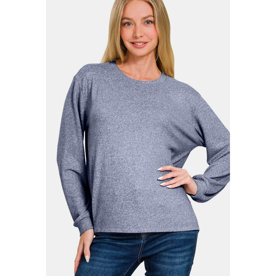 Zenana Hacci Round Neck Long Sleeve T-Shirt LT Navy / S Apparel and Accessories