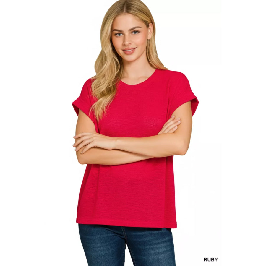 Zenana Hacci Slub Rolled Up Sleeve Tee Apparel and Accessories
