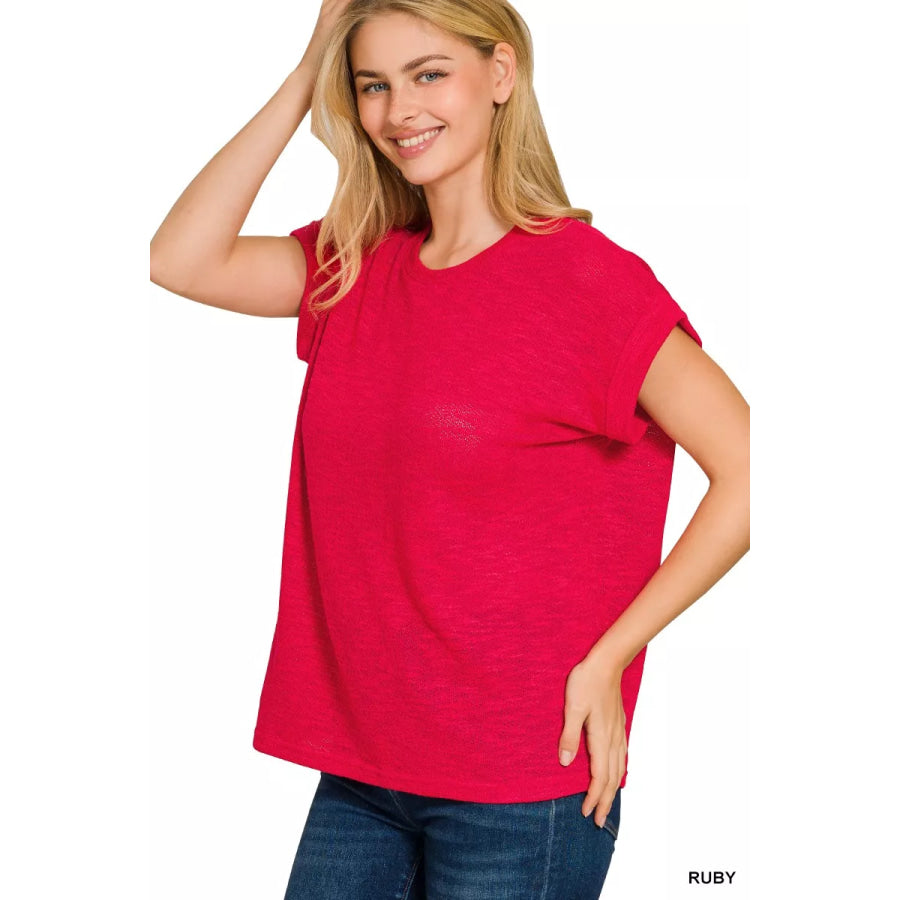 Zenana Hacci Slub Rolled Up Sleeve Tee RUBY / S Apparel and Accessories