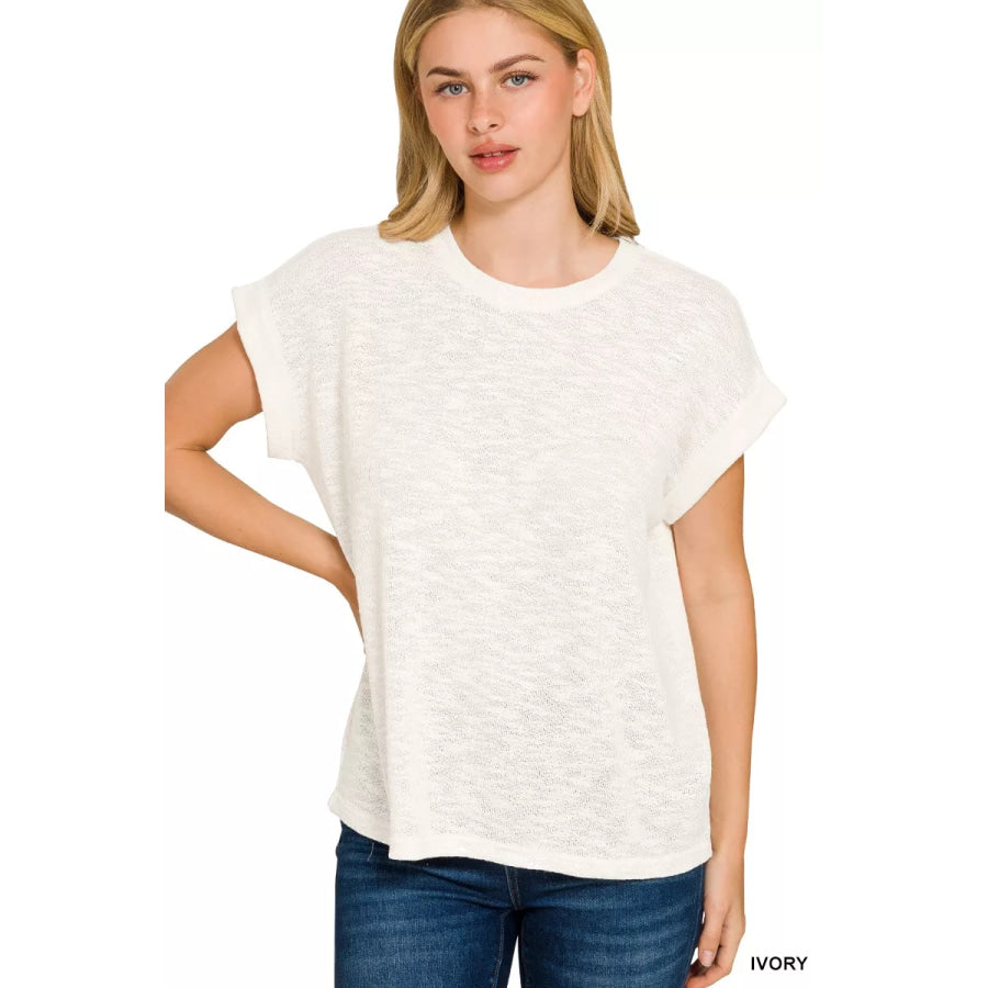 Zenana Hacci Slub Rolled Up Sleeve Tee IVORY / S Apparel and Accessories