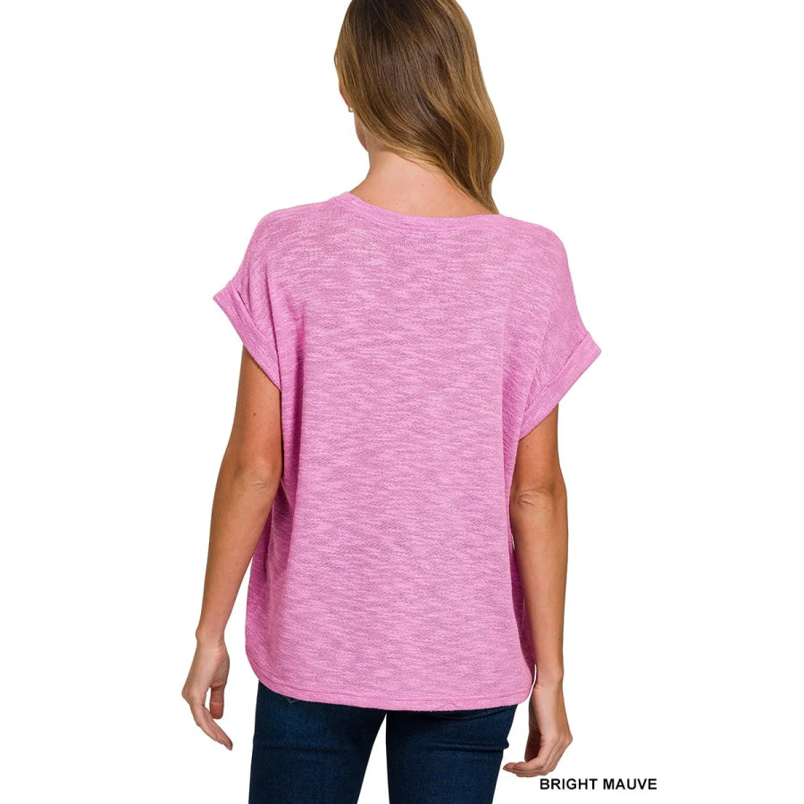 Zenana Hacci Slub Rolled Up Sleeve Tee BRIGHT MAUVE / S Apparel and Accessories