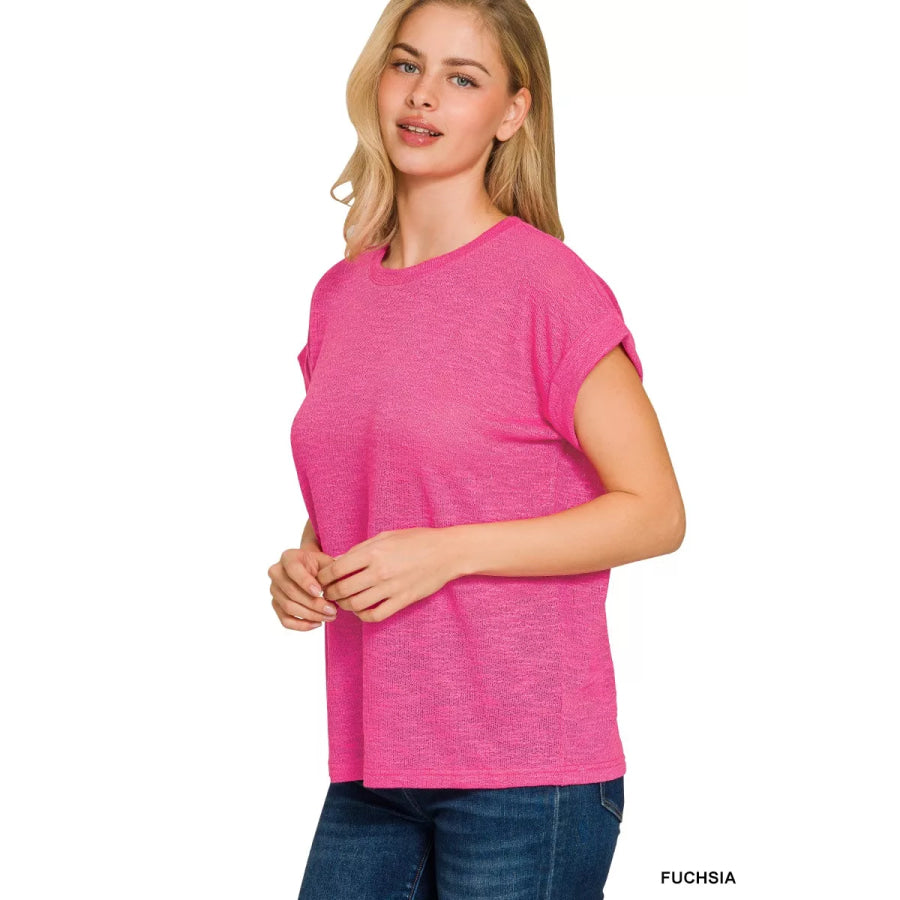Zenana Hacci Slub Rolled Up Sleeve Tee FUCHSIA / S Apparel and Accessories