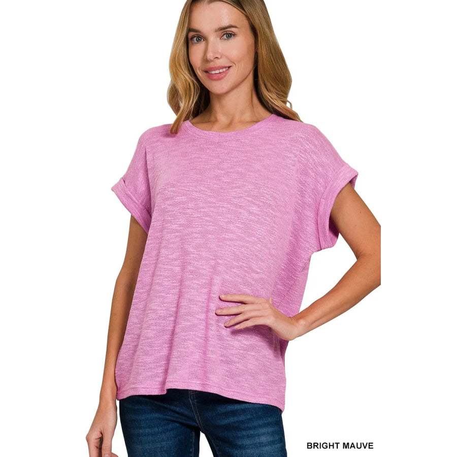 Zenana Hacci Slub Rolled Up Sleeve Tee BRIGHT MAUVE / S Apparel and Accessories