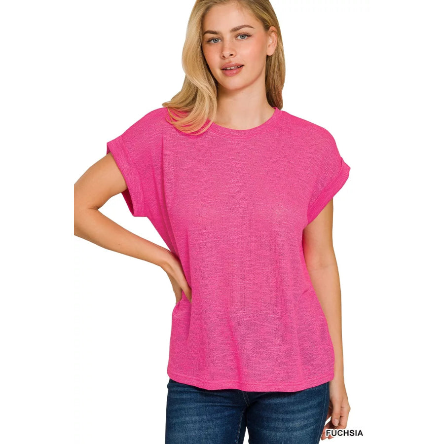 Zenana Hacci Slub Rolled Up Sleeve Tee FUCHSIA / S Apparel and Accessories