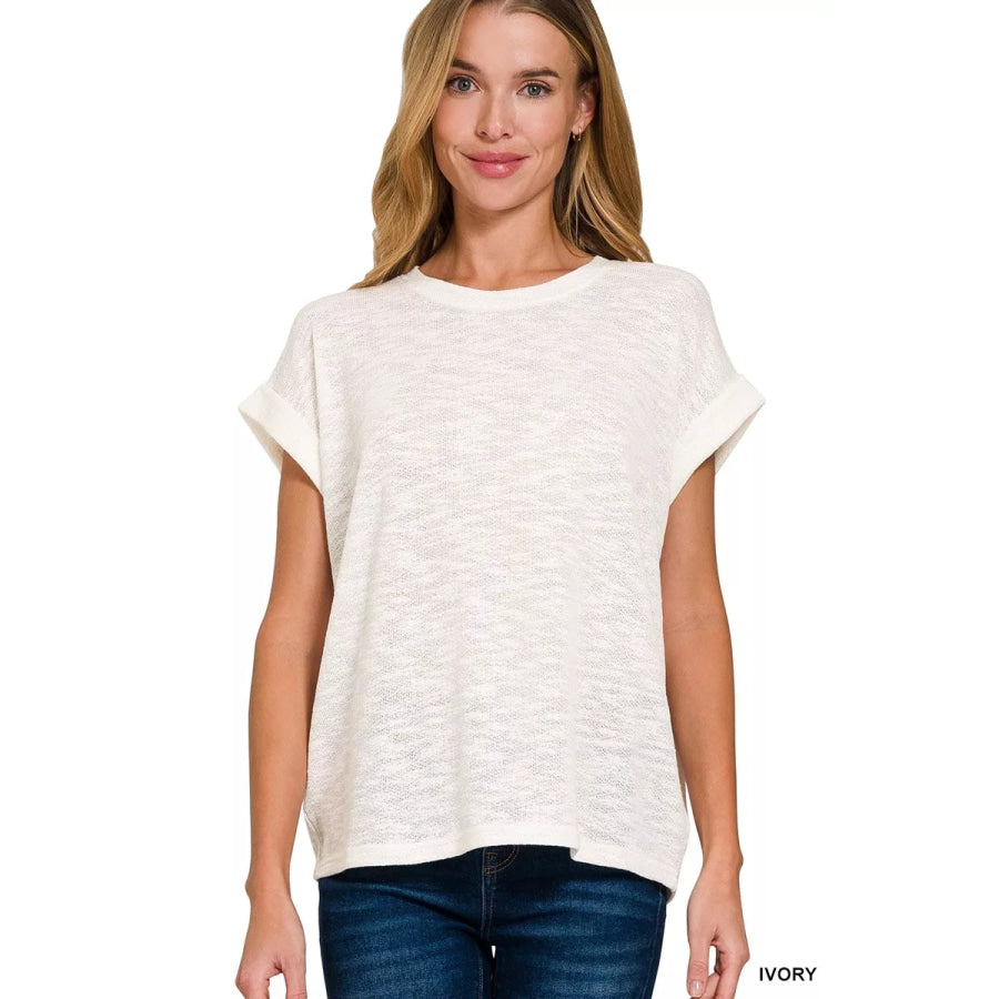 Zenana Hacci Slub Rolled Up Sleeve Tee IVORY / S Apparel and Accessories