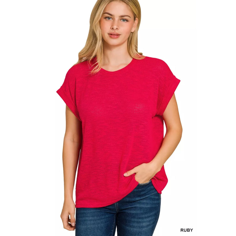Zenana Hacci Slub Rolled Up Sleeve Tee RUBY / S Apparel and Accessories