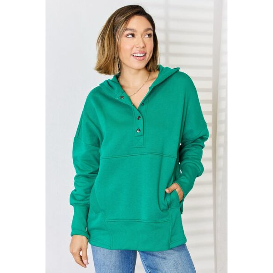 Zenana Half Snap Long Sleeve Hoodie K Green / S Apparel and Accessories