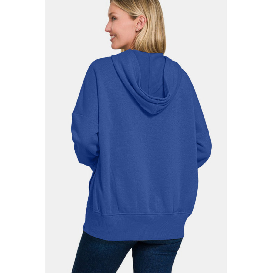 Zenana Half Snap Long Sleeve Hoodie with Kangaroo Pocket Apparel and Accessories