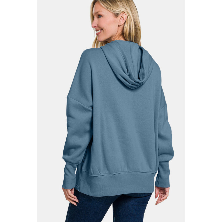 Zenana Half Snap Long Sleeve Hoodie with Kangaroo Pocket Apparel and Accessories