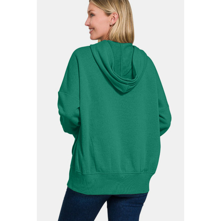 Zenana Half Snap Long Sleeve Hoodie with Kangaroo Pocket Apparel and Accessories