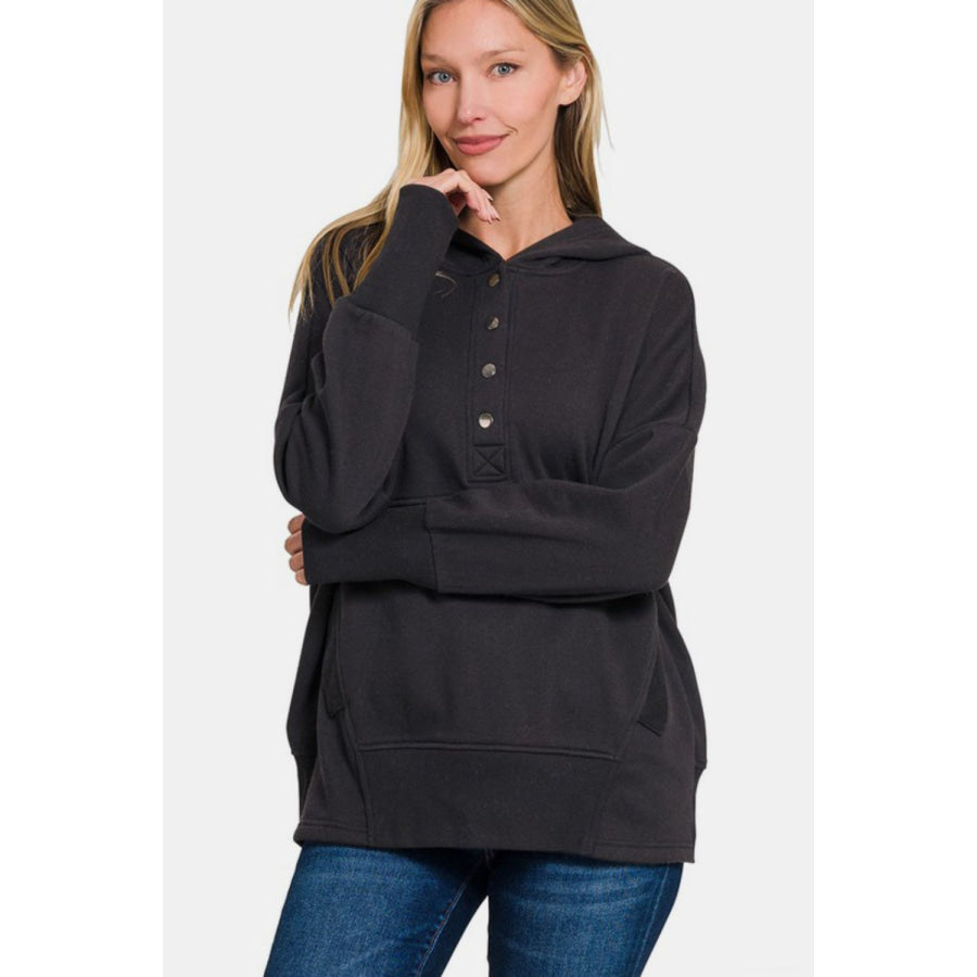 Zenana Half Snap Long Sleeve Hoodie with Kangaroo Pocket Apparel and Accessories