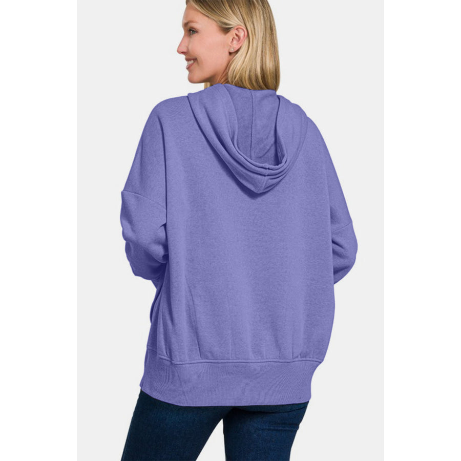 Zenana Half Snap Long Sleeve Hoodie with Kangaroo Pocket Apparel and Accessories