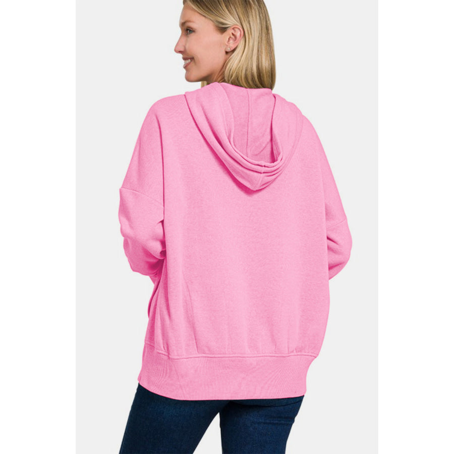 Zenana Half Snap Long Sleeve Hoodie with Kangaroo Pocket Apparel and Accessories