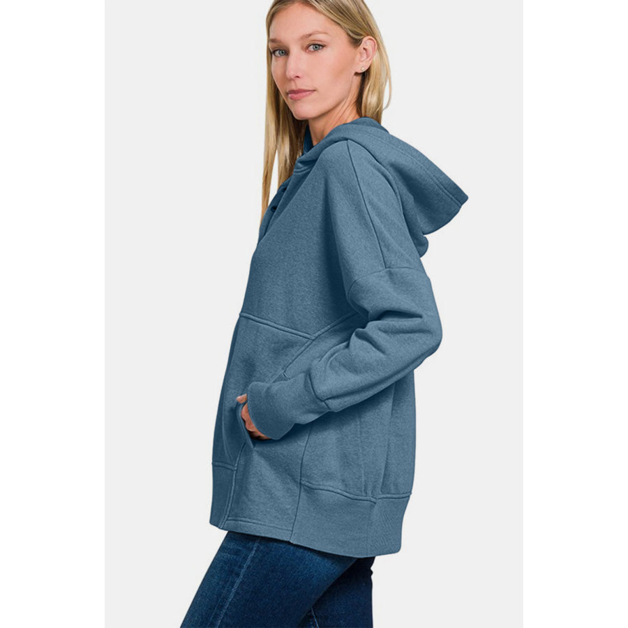 Zenana Half Snap Long Sleeve Hoodie with Kangaroo Pocket Apparel and Accessories