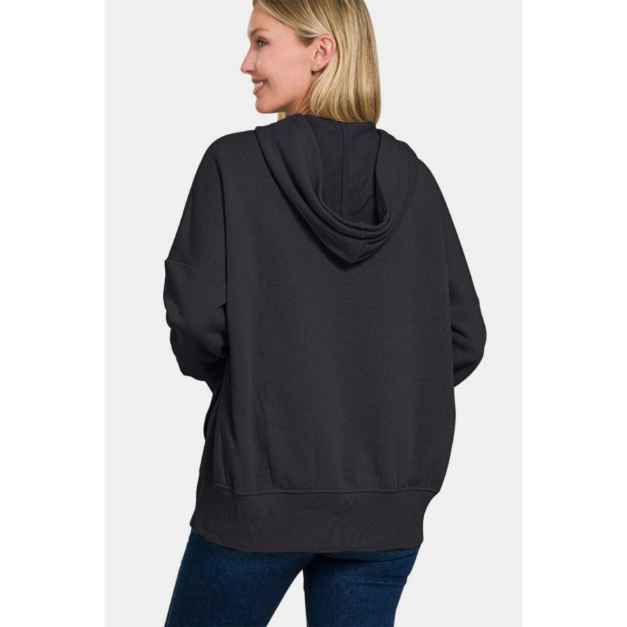 Zenana Half Snap Long Sleeve Hoodie with Kangaroo Pocket Apparel and Accessories