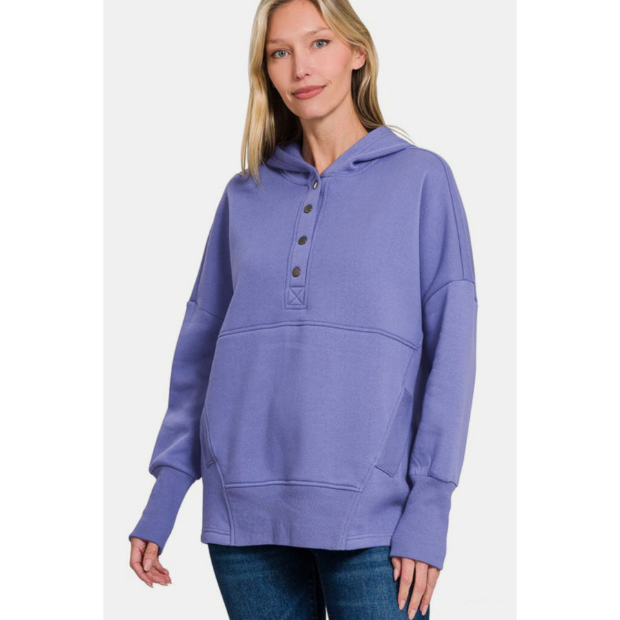 Zenana Half Snap Long Sleeve Hoodie with Kangaroo Pocket Apparel and Accessories