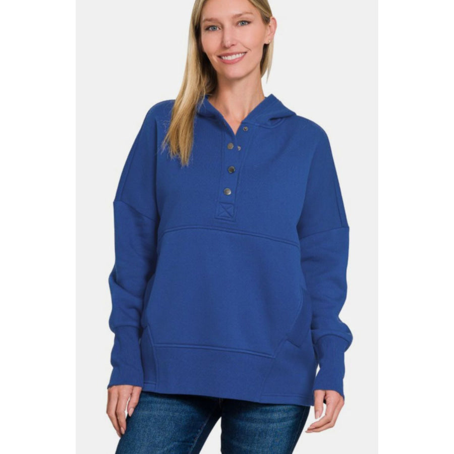 Zenana Half Snap Long Sleeve Hoodie with Kangaroo Pocket Apparel and Accessories