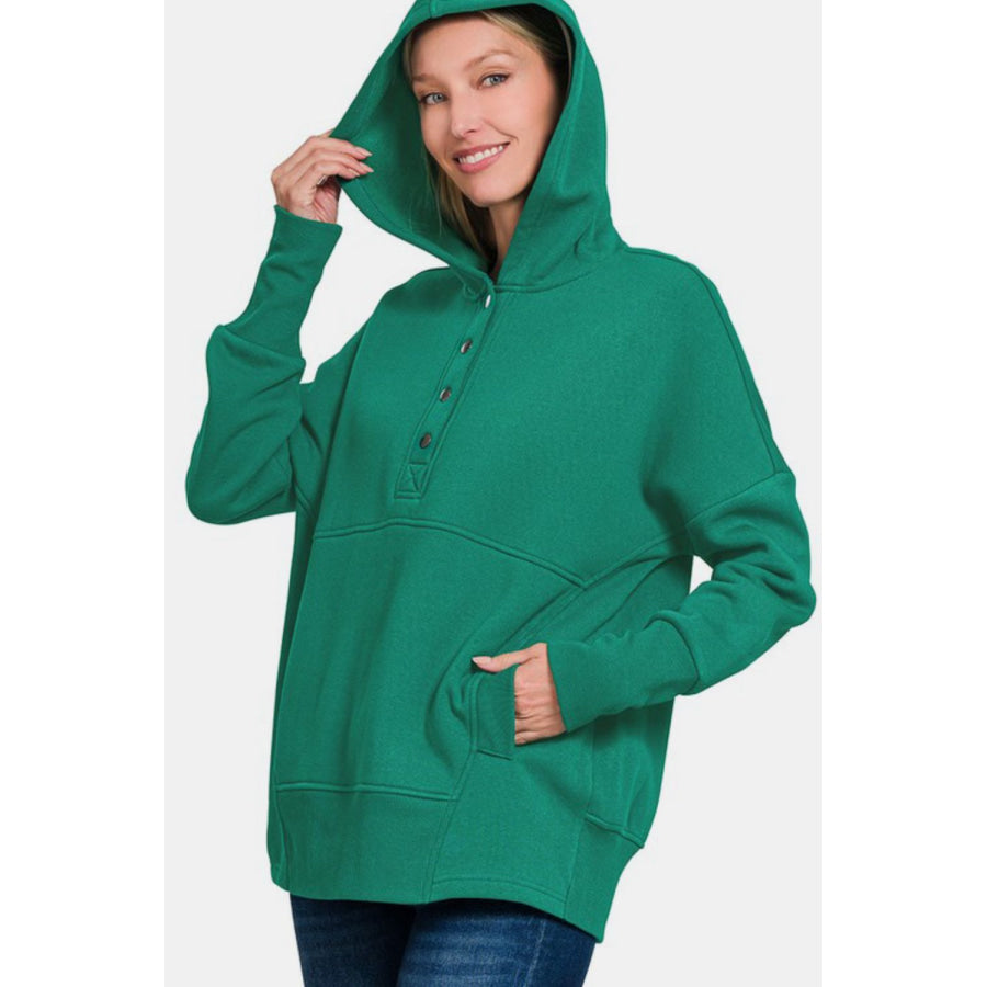 Zenana Half Snap Long Sleeve Hoodie with Kangaroo Pocket Apparel and Accessories