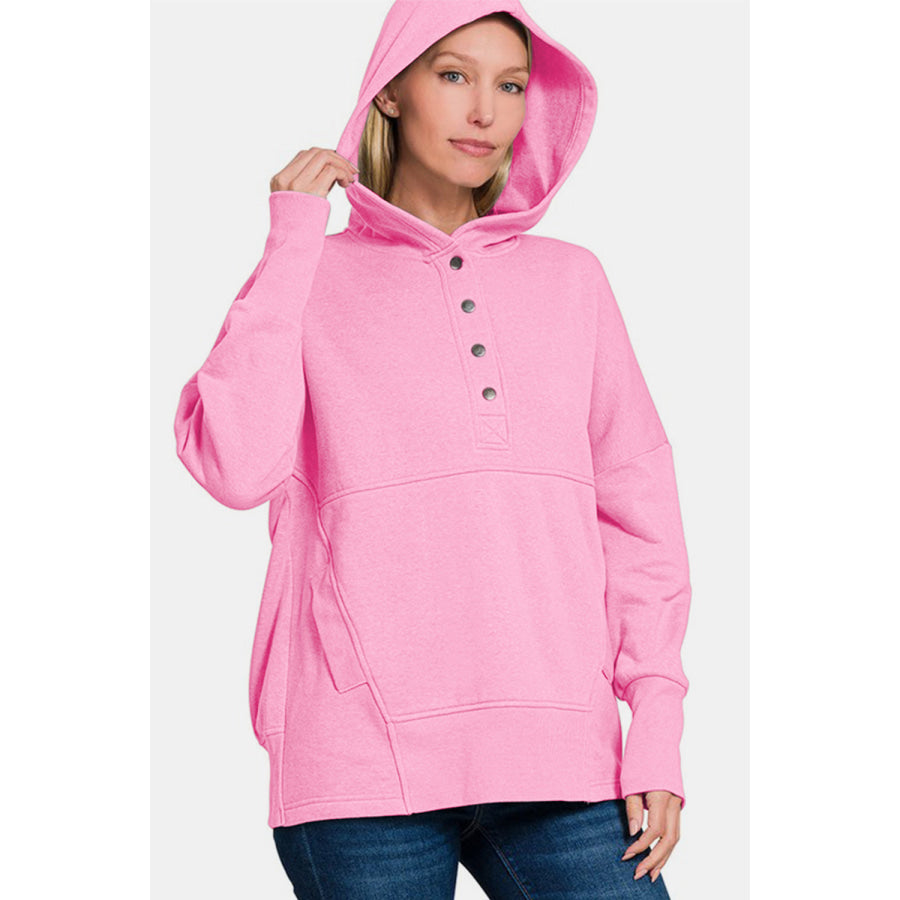 Zenana Half Snap Long Sleeve Hoodie with Kangaroo Pocket Apparel and Accessories