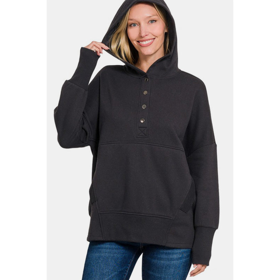 Zenana Half Snap Long Sleeve Hoodie with Kangaroo Pocket Black / S/M Apparel and Accessories