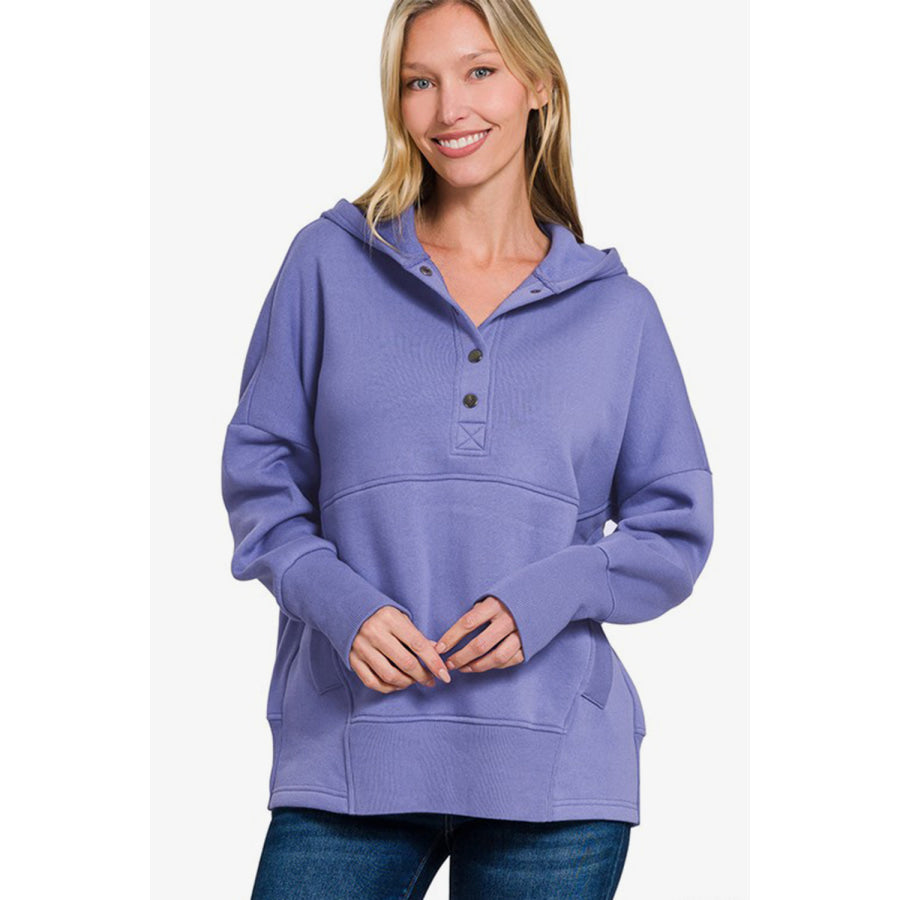 Zenana Half Snap Long Sleeve Hoodie with Kangaroo Pocket Blue Purple / S/M Apparel and Accessories