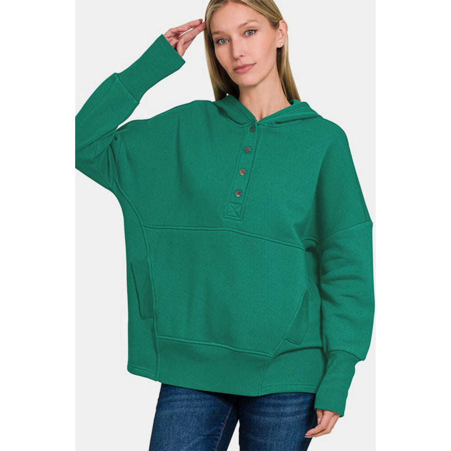 Zenana Half Snap Long Sleeve Hoodie with Kangaroo Pocket Dark Green / S/M Apparel and Accessories