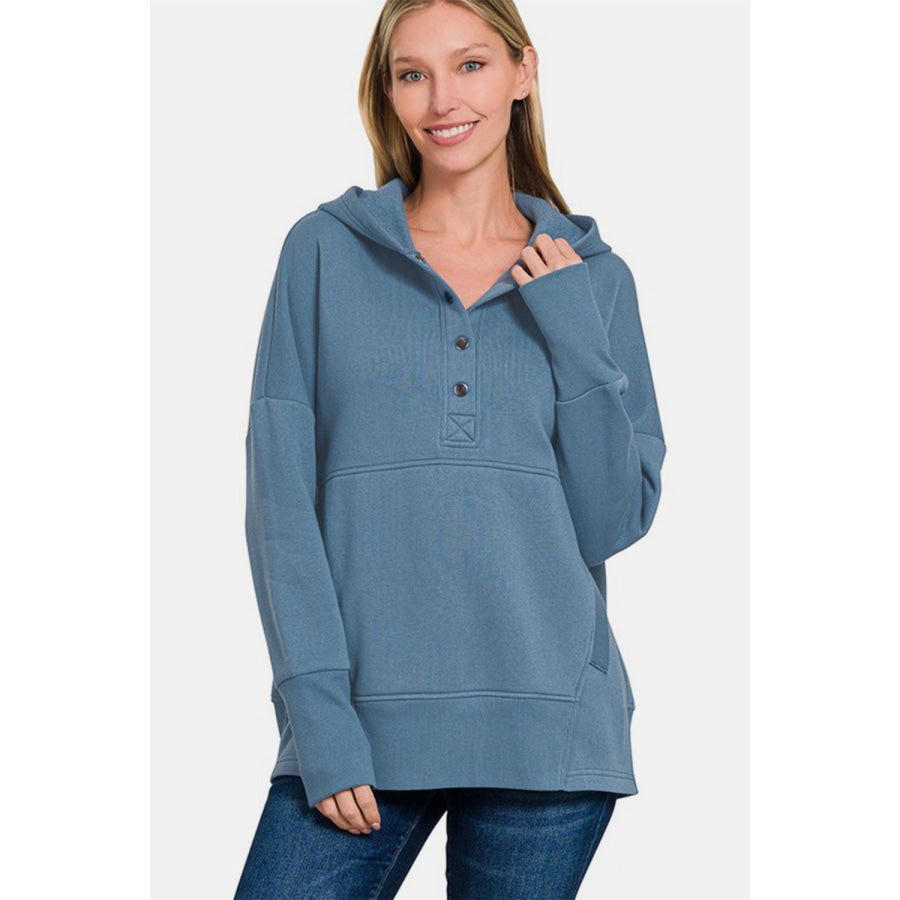 Zenana Half Snap Long Sleeve Hoodie with Kangaroo Pocket Dusty Blue / S/M Apparel and Accessories