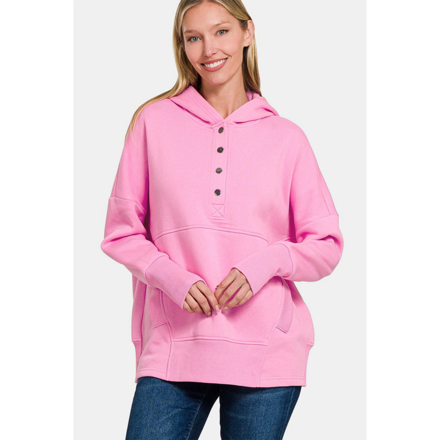 Zenana Half Snap Long Sleeve Hoodie with Kangaroo Pocket Fuchsia Pink / S/M Apparel and Accessories