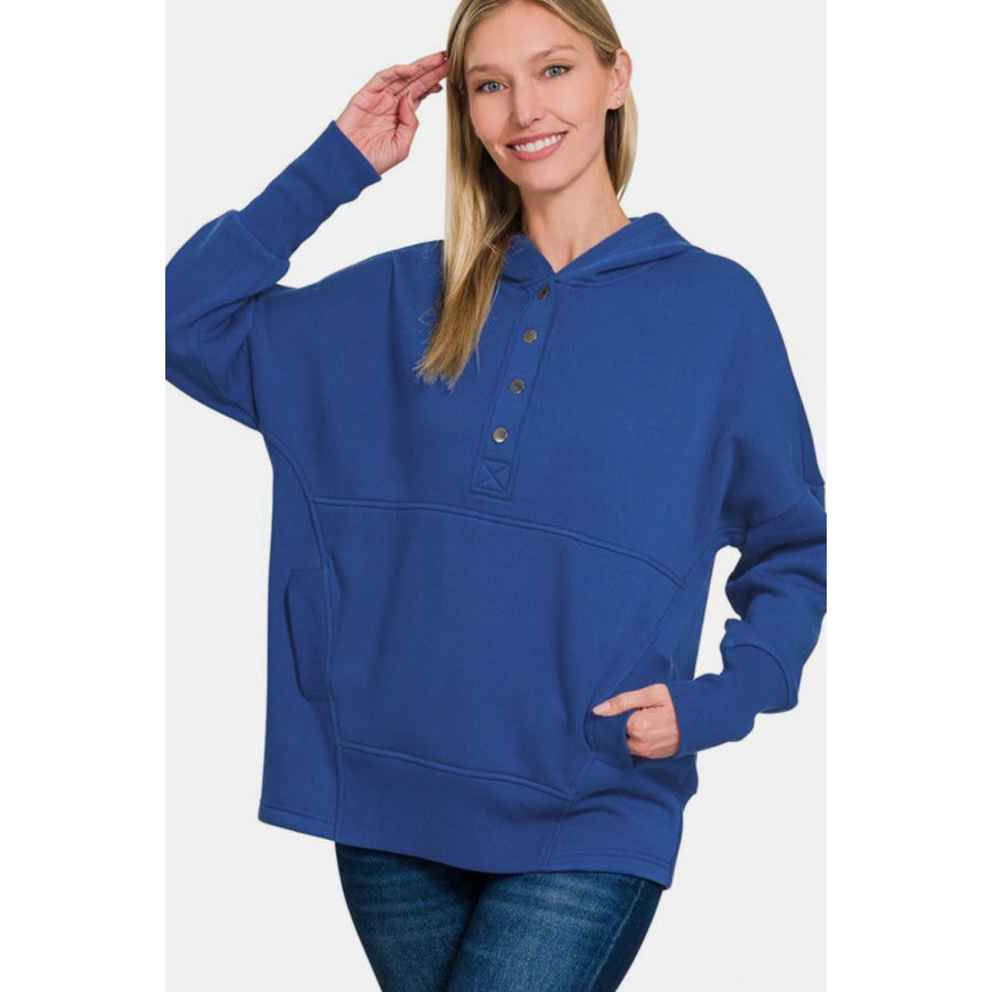 Zenana Half Snap Long Sleeve Hoodie with Kangaroo Pocket Navy / S/M Apparel and Accessories