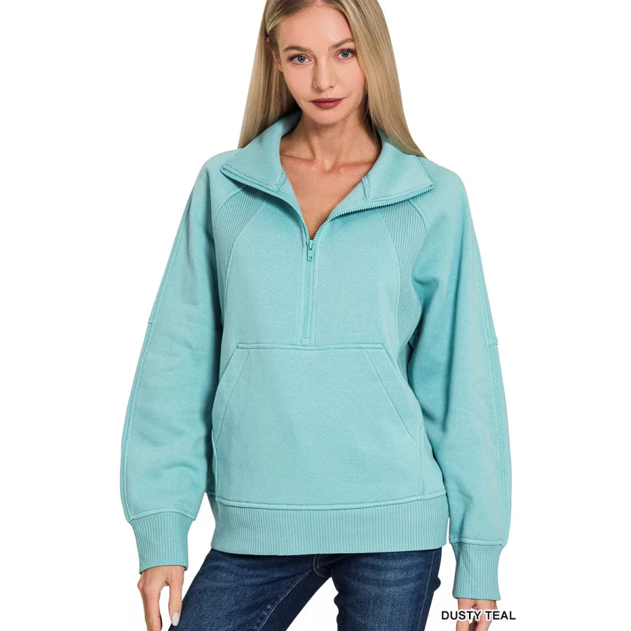 Zenana Half Zip Fleece Sweatshirt with kangaroo Pocket Apparel and Accessories