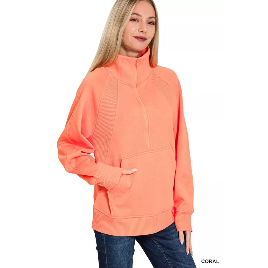 Zenana Half Zip Fleece Sweatshirt with kangaroo Pocket Apparel and Accessories