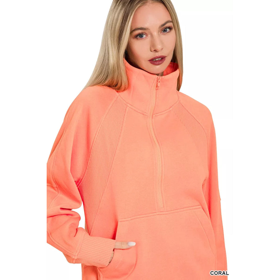 Zenana Half Zip Fleece Sweatshirt with kangaroo Pocket Apparel and Accessories