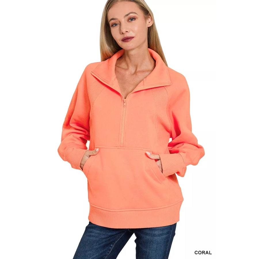 Zenana Half Zip Fleece Sweatshirt with kangaroo Pocket CORAL / S Apparel and Accessories