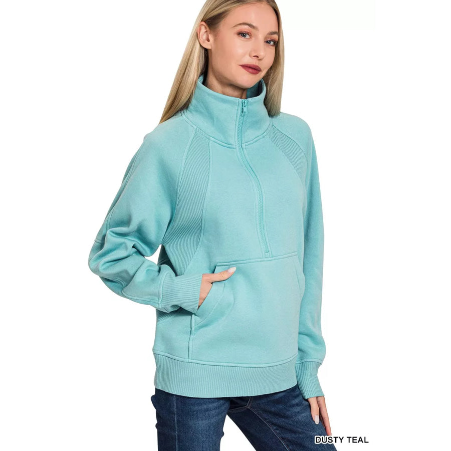 Zenana Half Zip Fleece Sweatshirt with kangaroo Pocket DUSTY TEAL / S Apparel and Accessories