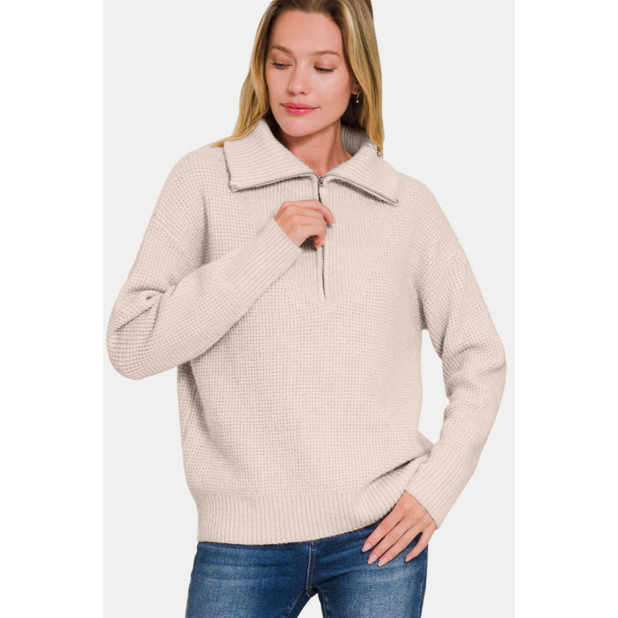 Zenana Half Zip Long Sleeve Sweater Apparel and Accessories