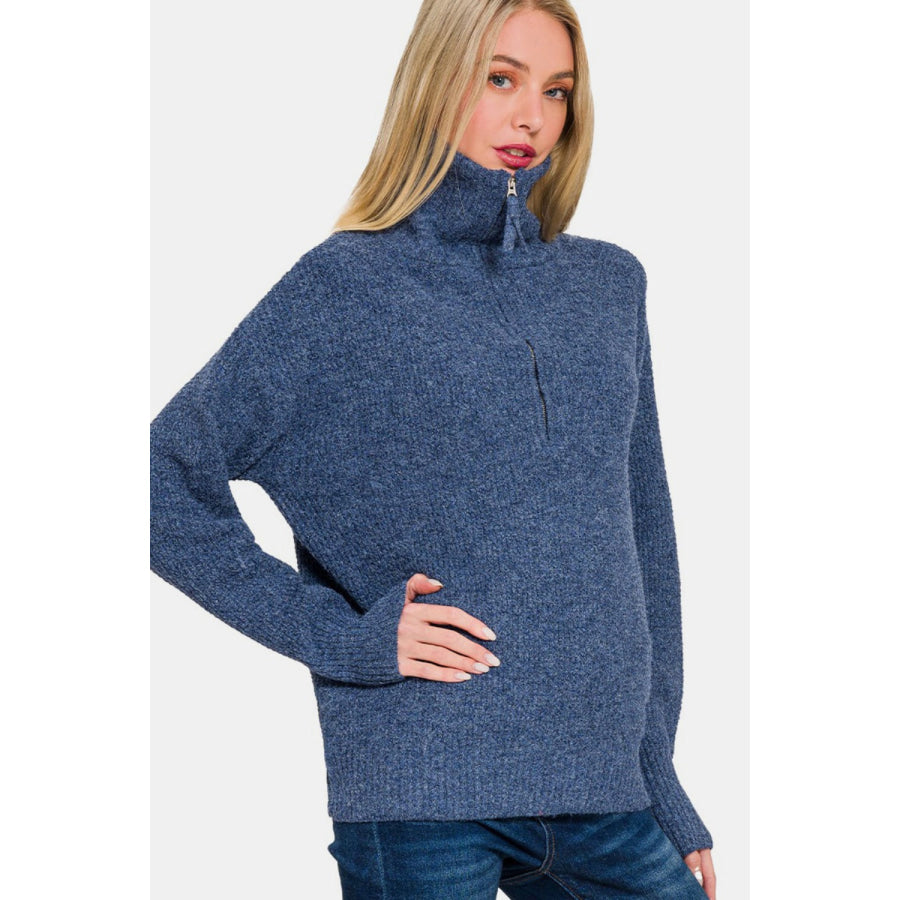 Zenana Half Zip Long Sleeve Sweater Navy / S Apparel and Accessories