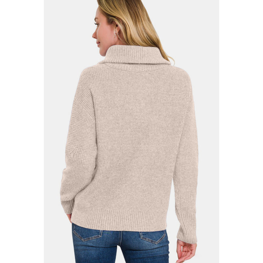 Zenana Half Zip Long Sleeve Sweater Mocha / S Apparel and Accessories