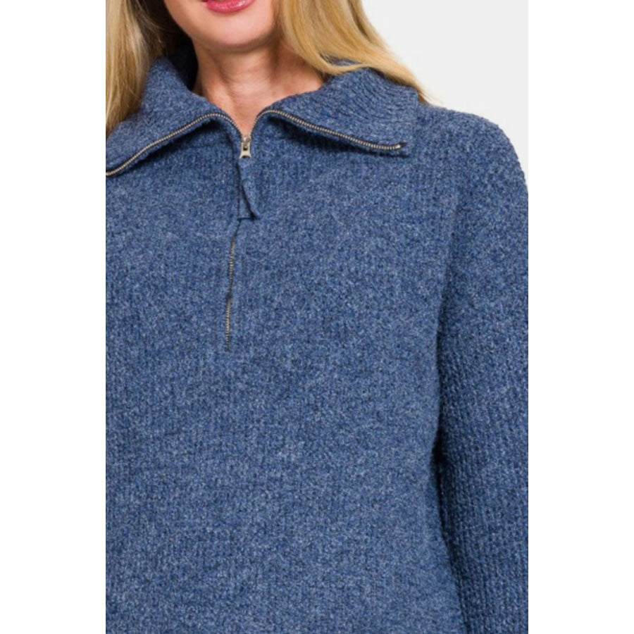 Zenana Half Zip Long Sleeve Sweater Apparel and Accessories