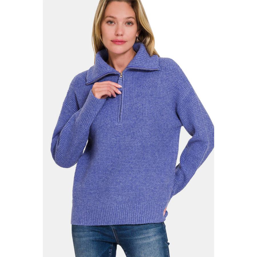 Zenana Half Zip Long Sleeve Sweater Apparel and Accessories