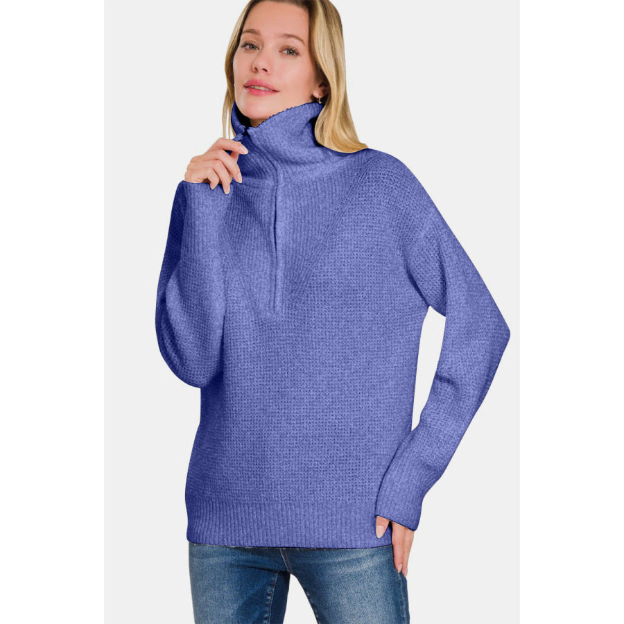 Zenana Half Zip Long Sleeve Sweater Marlin / S Apparel and Accessories