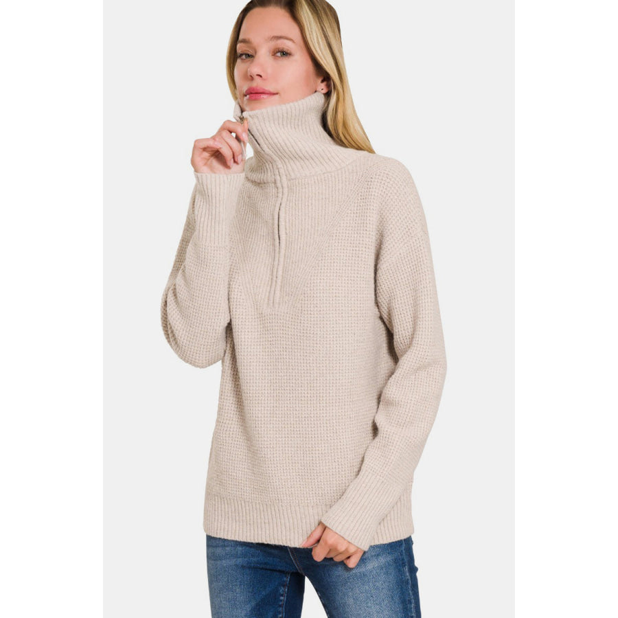 Zenana Half Zip Long Sleeve Sweater Mocha / S Apparel and Accessories