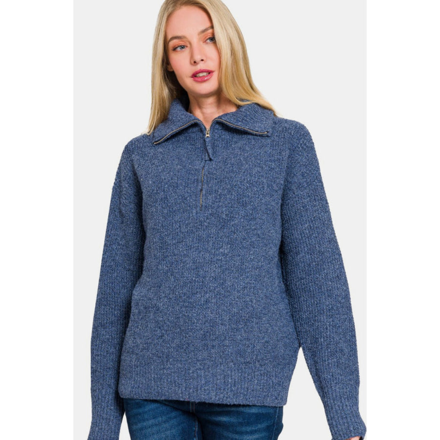 Zenana Half Zip Long Sleeve Sweater Navy / S Apparel and Accessories