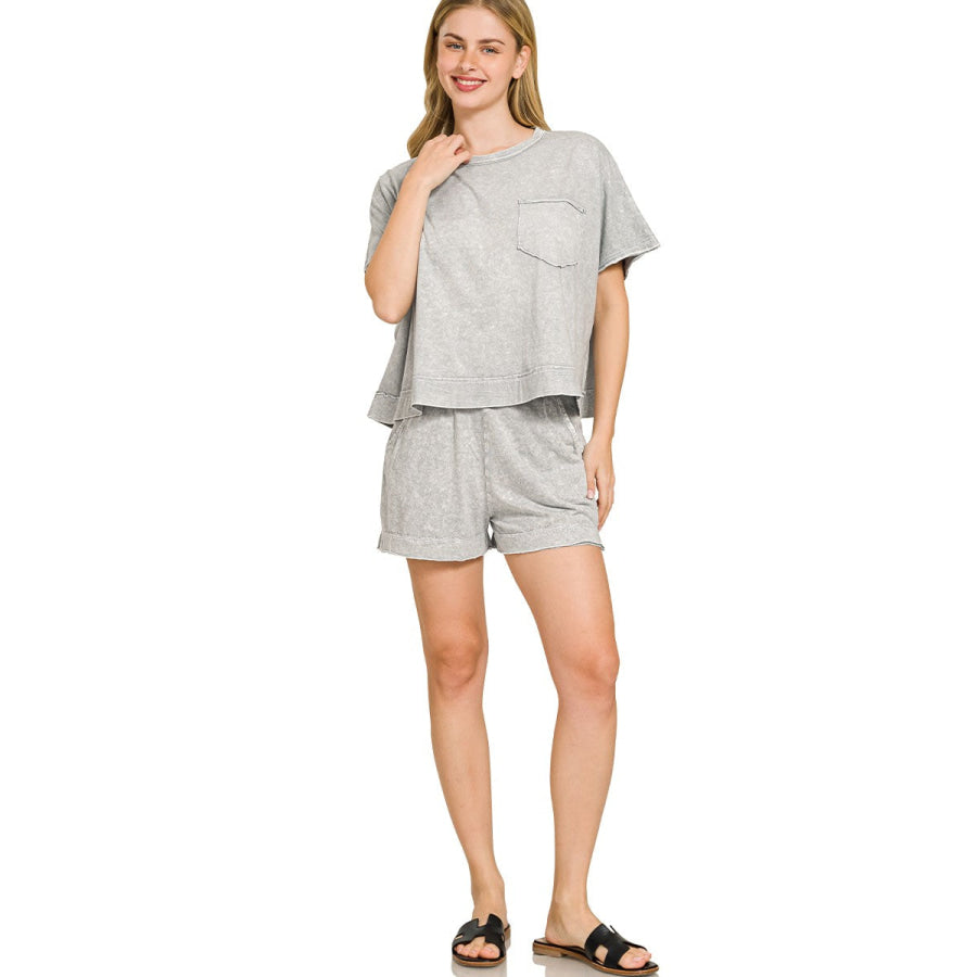 Zenana Halo Snow Washed Boxy Top & Shorts Set Apparel and Accessories