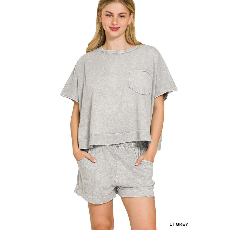 Zenana Halo Snow Washed Boxy Top & Shorts Set LT GREY / S Apparel and Accessories
