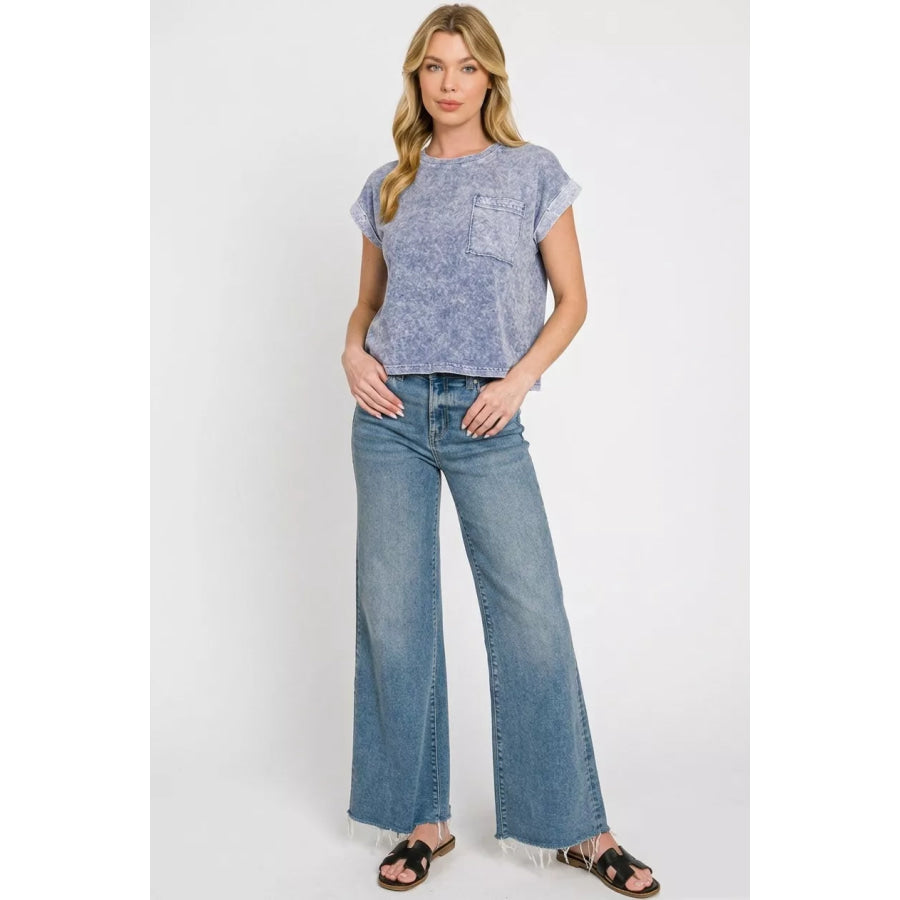 Zenana Halo Snow Washed Cotton Cuffed Short Sleeve Top Apparel and Accessories